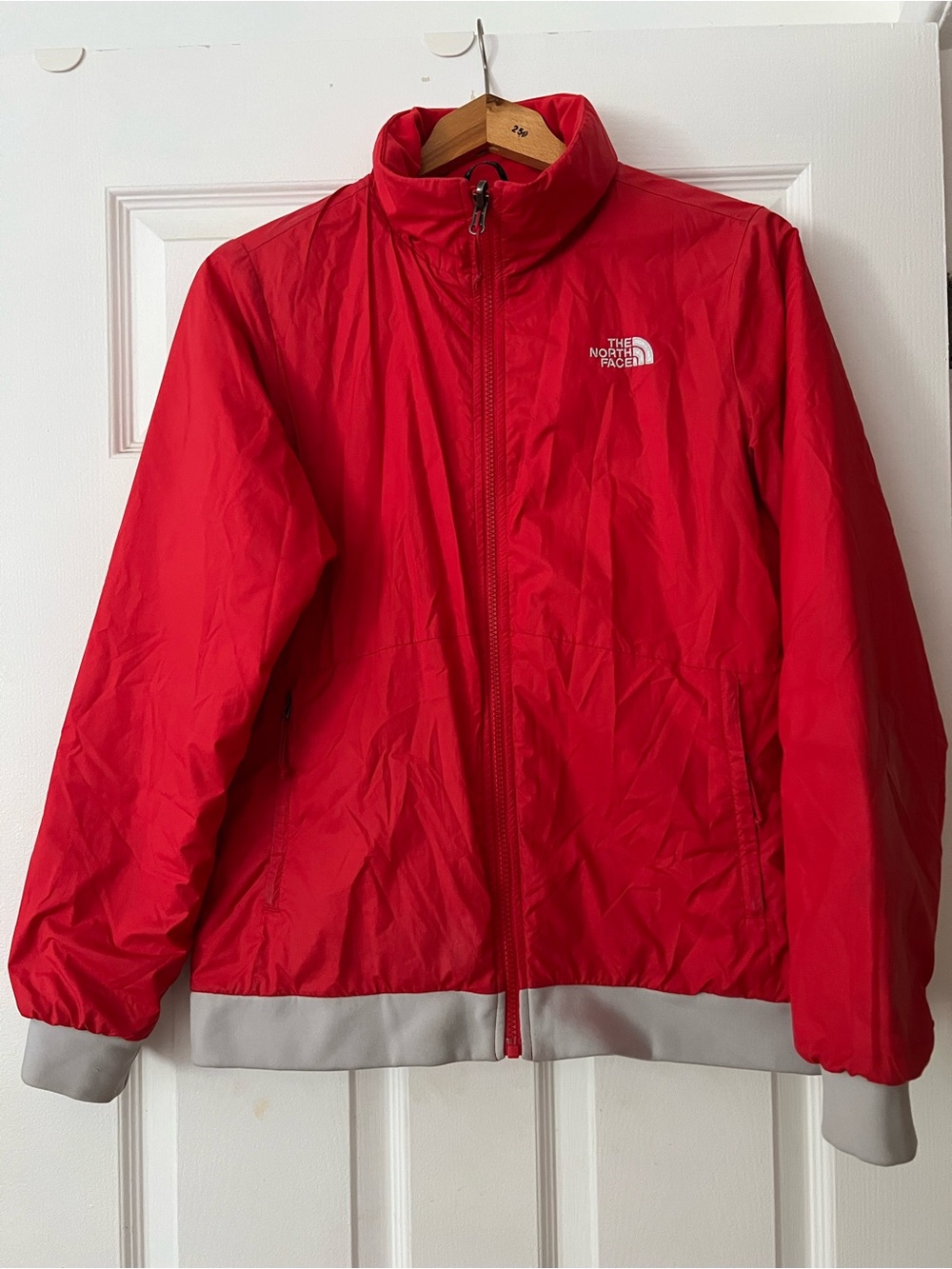 The North Face Women Red Windbreaker Jacket with Gray Trim